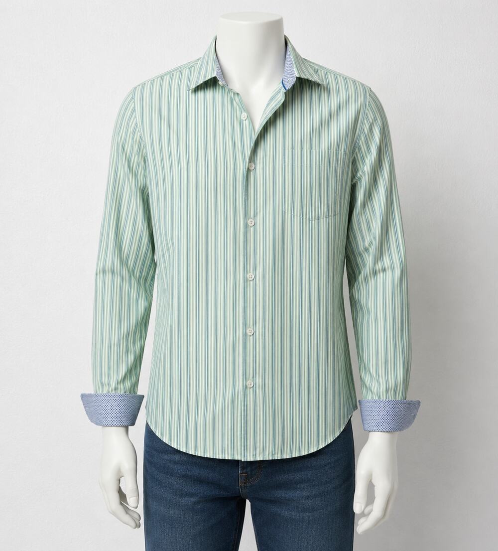 Bugatchi Shaped Fit Stripe Button Front Shirt Green Men’s L